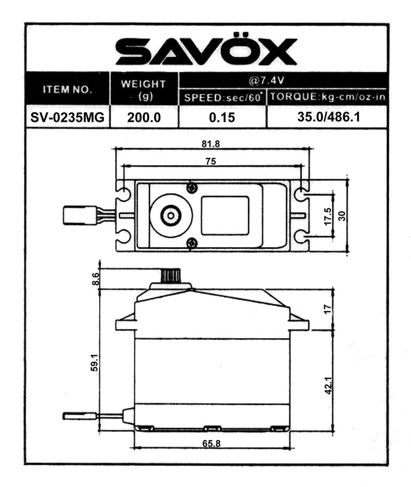 Savox SAVSV0235MG HIGH VOLTAGE 1/5 SCALE SERVO 0.15/486 @7.4V - Excel RC