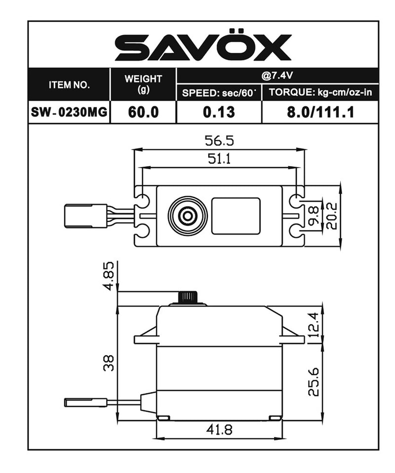 Savox Waterproof Standard Digital Servo 0.13sec/111.1oz @ 7.4V SW0230MGP