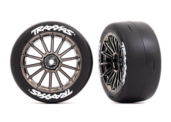 Tires And Wheels, Assembled, Glued (Multi-Spoke Black Chrome Wheels, 2.0" Slick Tires With Traxxas® Logo, Foam Inserts) (Front) (2) (Vxl Rated) 9374R